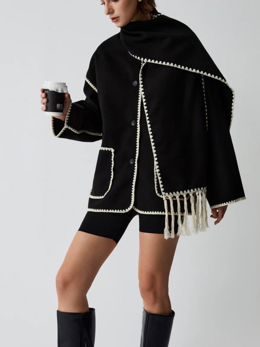 Commense contrast trim jacket with matching scarf - Picture 4 of 4